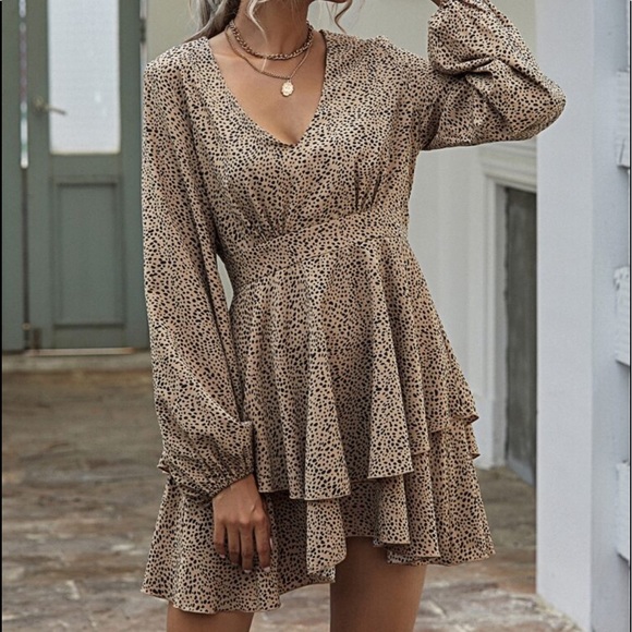 Leopard Print V Neck Print Tiered Long Sleeve Frill Mini Dress - Picture 4 of 7